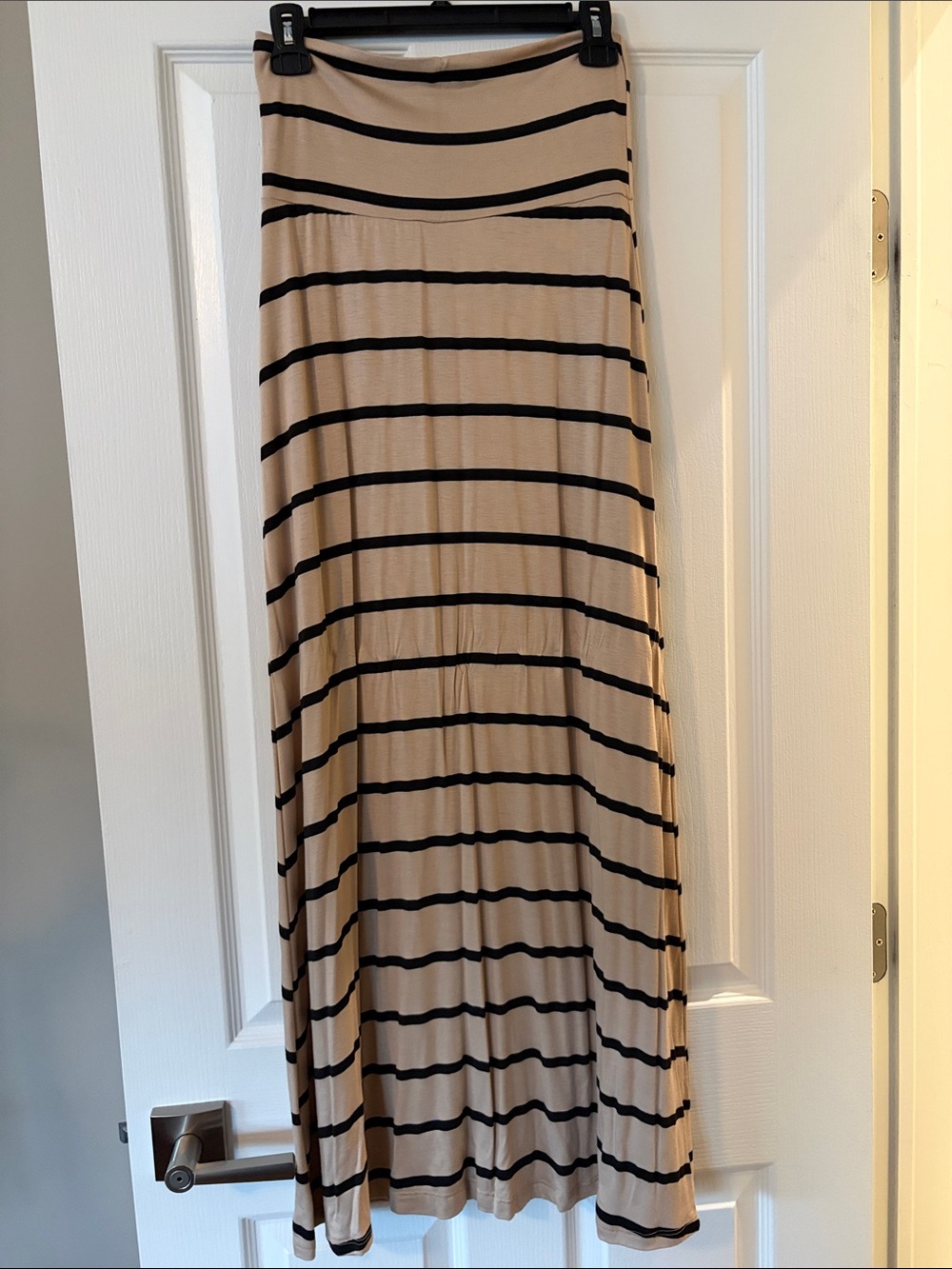 Promesa Beige Maxi Skirt with Black Stripes
